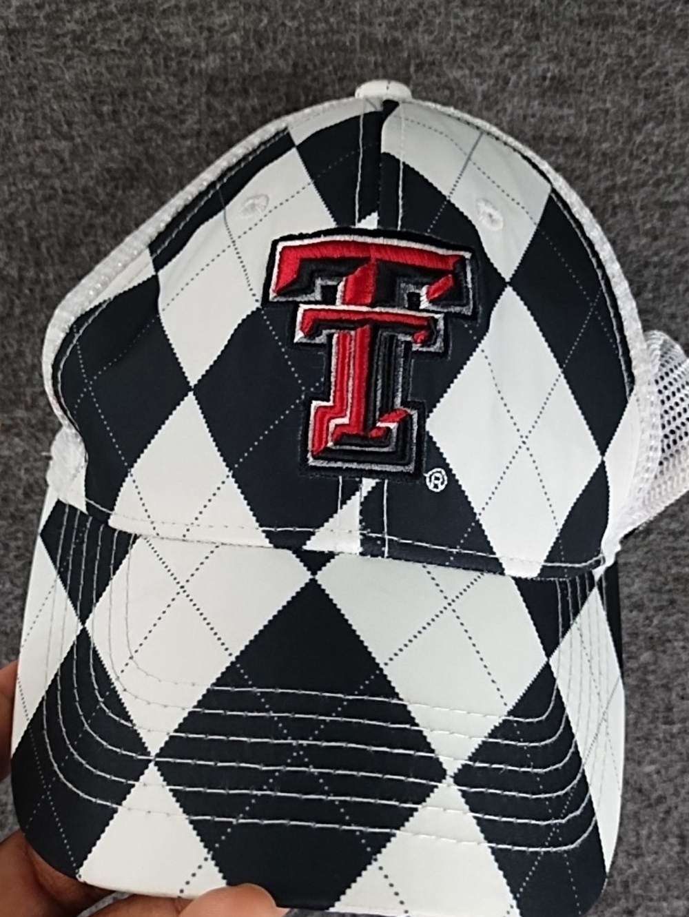 Black & White Argyle Trucker Hat with Red Embroidered TT Logo
